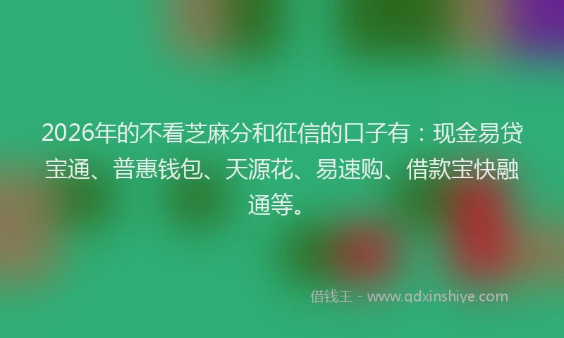 2026年的不看芝麻分和征信的口子有：现金易贷宝通、普惠钱包、天源花、易速购、借款宝快融通等。