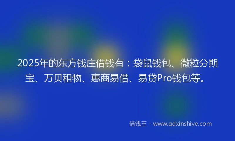 2025年的东方钱庄借钱有：袋鼠钱包、微粒分期宝、万贝租物、惠商易借、易贷Pro钱包等。
