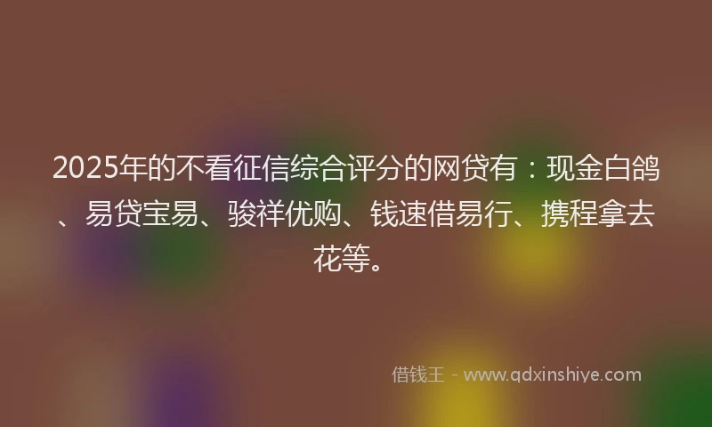 2025年的不看征信综合评分的网贷有：现金白鸽、易贷宝易、骏祥优购、钱速借易行、携程拿去花等。
