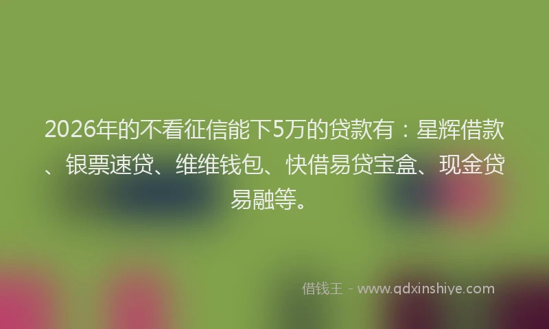 2026年的不看征信能下5万的贷款有：星辉借款、银票速贷、维维钱包、快借易贷宝盒、现金贷易融等。