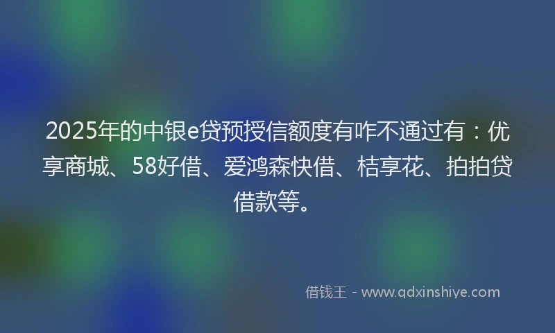 2025年的中银e贷预授信额度有咋不通过有：优享商城、58好借、爱鸿森快借、桔享花、拍拍贷借款等。