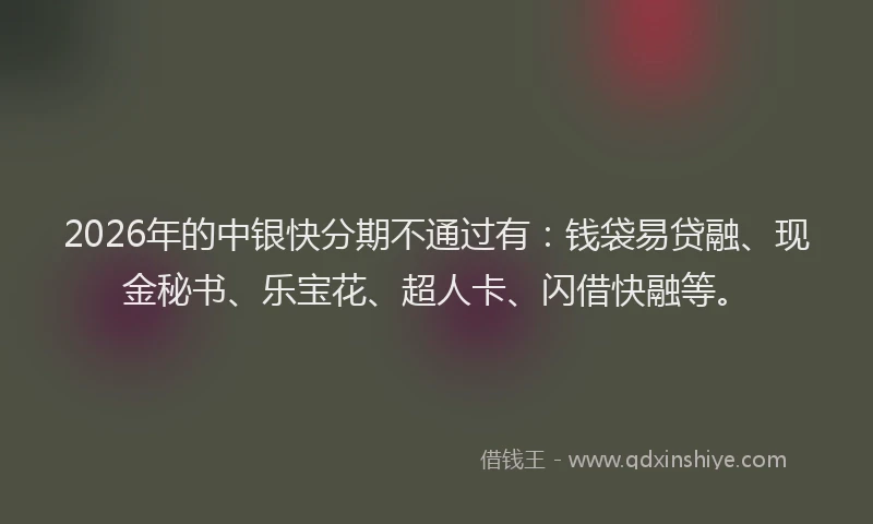 2026年的中银快分期不通过有：钱袋易贷融、现金秘书、乐宝花、超人卡、闪借快融等。
