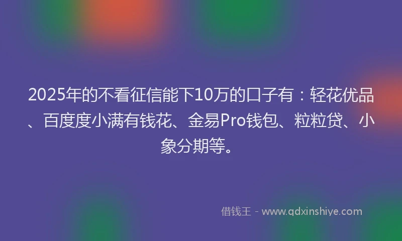 2025年的不看征信能下10万的口子有：轻花优品、百度度小满有钱花、金易Pro钱包、粒粒贷、小象分期等。