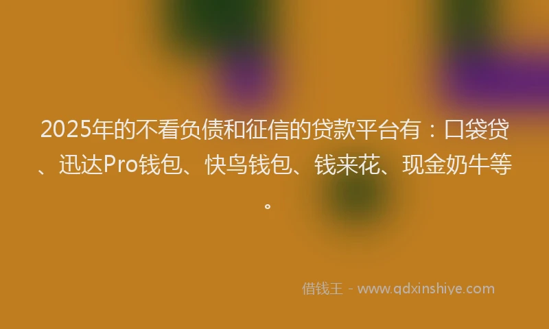 2025年的不看负债和征信的贷款平台有：口袋贷、迅达Pro钱包、快鸟钱包、钱来花、现金奶牛等。