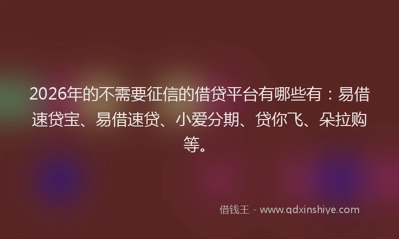 2026年的不需要征信的借贷平台有哪些有:易借速贷宝、易借速贷、小爱分期、贷你飞、朵拉购等。