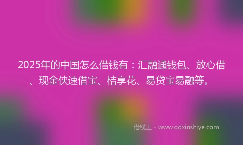2025年的中国怎么借钱有:汇融通钱包、放心借、现金侠速借宝、桔享花、易贷宝易融等。