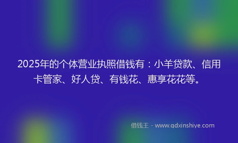 2025年的个体营业执照借钱有:小羊贷款、信用卡管家、好人贷、有钱花、惠享花花等。