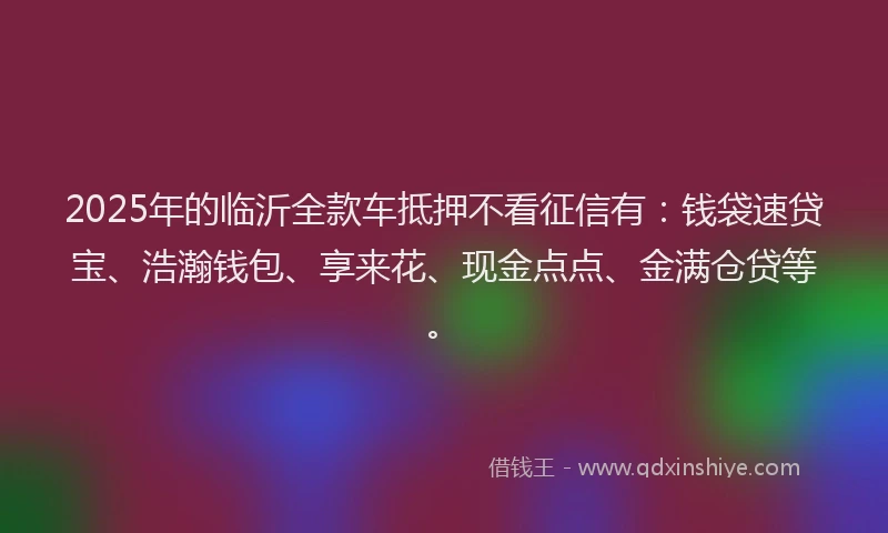 2025年的临沂全款车抵押不看征信有：钱袋速贷宝、浩瀚钱包、享来花、现金点点、金满仓贷等。