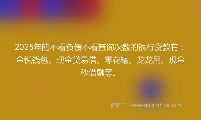 2025年的不看负债不看查询次数的银行贷款有：金悦钱包、现金贷易借、零花罐、龙龙用、现金秒借融等。