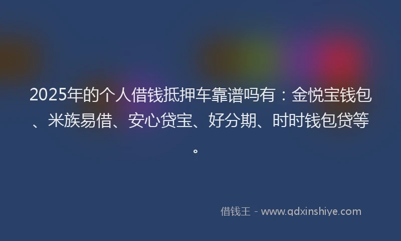 2025年的个人借钱抵押车靠谱吗有：金悦宝钱包、米族易借、安心贷宝、好分期、时时钱包贷等。