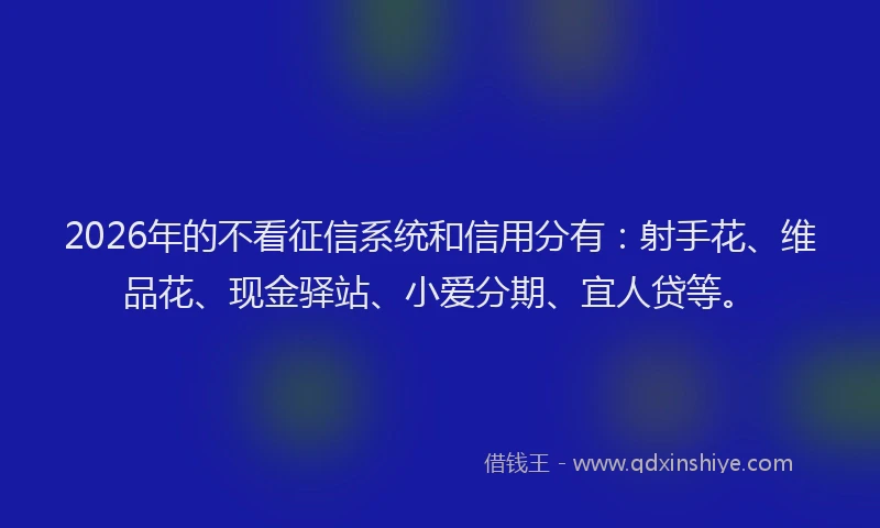 2026年的不看征信系统和信用分有：射手花、维品花、现金驿站、小爱分期、宜人贷等。