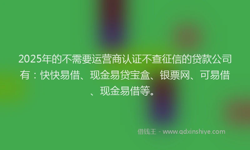 2025年的不需要运营商认证不查征信的贷款公司有：快快易借、现金易贷宝盒、银票网、可易借、现金易借等。