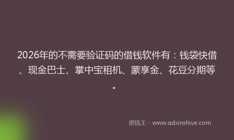 2026年的不需要验证码的借钱软件有:钱袋快借、现金巴士、掌中宝租机、蒙享金、花豆分期等。