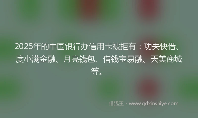 2025年的中国银行办信用卡被拒有：功夫快借、度小满金融、月亮钱包、借钱宝易融、天美商城等。