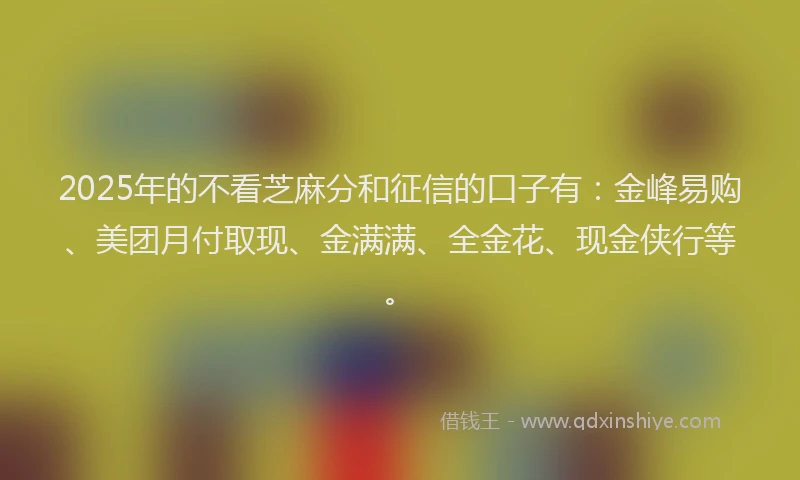2025年的不看芝麻分和征信的口子有：金峰易购、美团月付取现、金满满、全金花、现金侠行等。