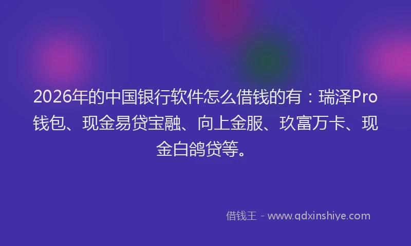 2026年的中国银行软件怎么借钱的有:瑞泽Pro钱包、现金易贷宝融、向上金服、玖富万卡、现金白鸽贷等。