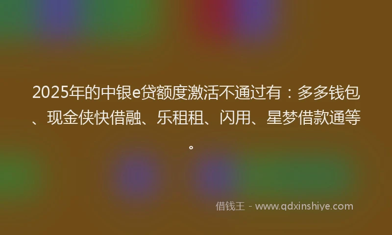 2025年的中银e贷额度激活不通过有：多多钱包、现金侠快借融、乐租租、闪用、星梦借款通等。