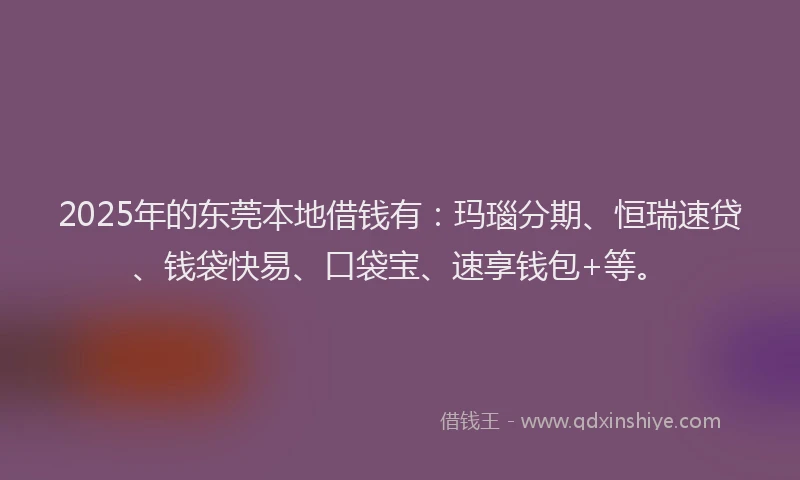 2025年的东莞本地借钱有：玛瑙分期、恒瑞速贷、钱袋快易、口袋宝、速享钱包+等。