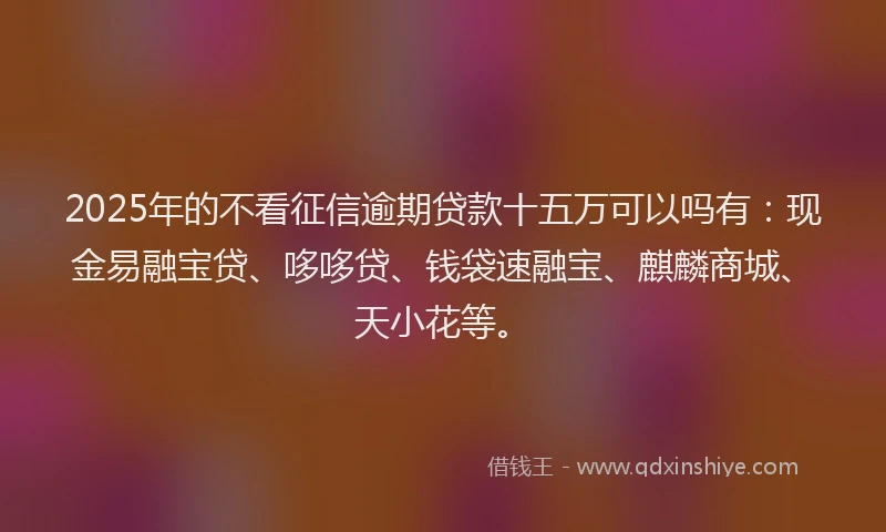 2025年的不看征信逾期贷款十五万可以吗有：现金易融宝贷、哆哆贷、钱袋速融宝、麒麟商城、天小花等。