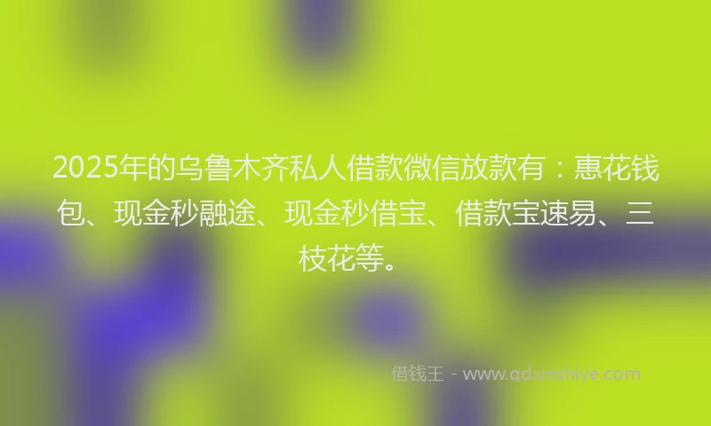 2025年的乌鲁木齐私人借款微信放款有：惠花钱包、现金秒融途、现金秒借宝、借款宝速易、三枝花等。