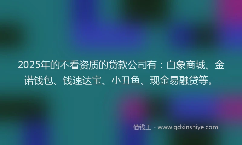 2025年的不看资质的贷款公司有：白象商城、金诺钱包、钱速达宝、小丑鱼、现金易融贷等。