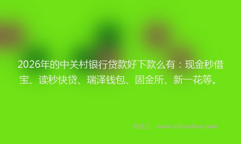 2026年的中关村银行贷款好下款么有：现金秒借宝、读秒快贷、瑞泽钱包、固金所、新一花等。