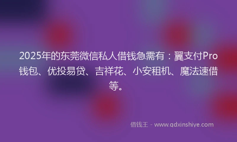 2025年的东莞微信私人借钱急需有:翼支付Pro钱包、优投易贷、吉祥花、小安租机、魔法速借等。