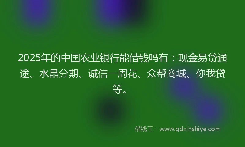 2025年的中国农业银行能借钱吗有：现金易贷通途、水晶分期、诚信一周花、众帮商城、你我贷等。