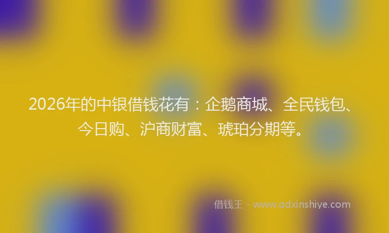 2026年的中银借钱花有：企鹅商城、全民钱包、今日购、沪商财富、琥珀分期等。
