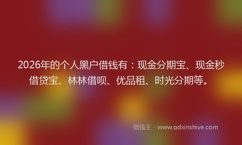 2026年的个人黑户借钱有：现金分期宝、现金秒借贷宝、林林借呗、优品租、时光分期等。