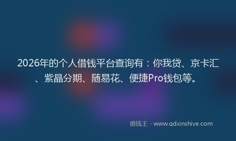 2026年的个人借钱平台查询有：你我贷、京卡汇、紫晶分期、随易花、便捷Pro钱包等。
