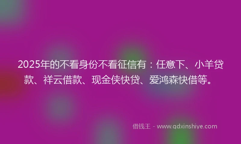 2025年的不看身份不看征信有：任意下、小羊贷款、祥云借款、现金侠快贷、爱鸿森快借等。