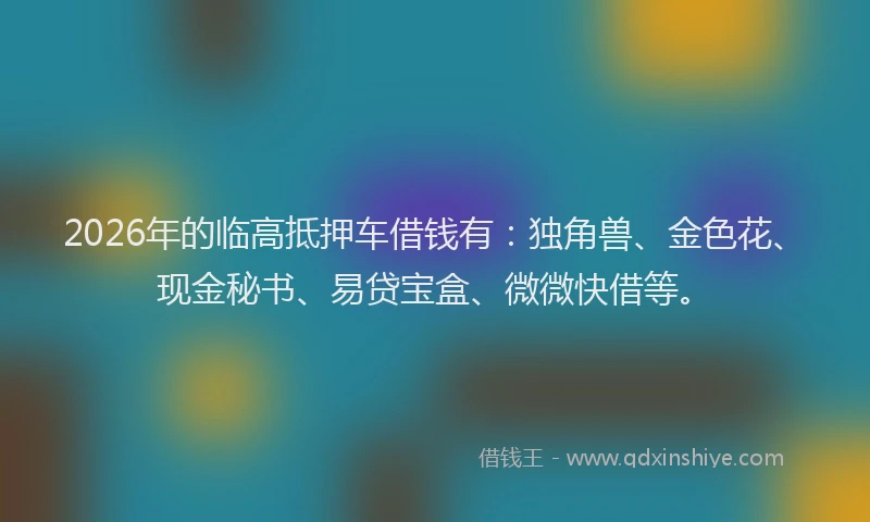 2026年的临高抵押车借钱有:独角兽、金色花、现金秘书、易贷宝盒、微微快借等。