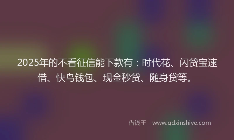 2025年的不看征信能下款有：时代花、闪贷宝速借、快鸟钱包、现金秒贷、随身贷等。