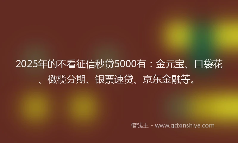 2025年的不看征信秒贷5000有：金元宝、口袋花、橄榄分期、银票速贷、京东金融等。