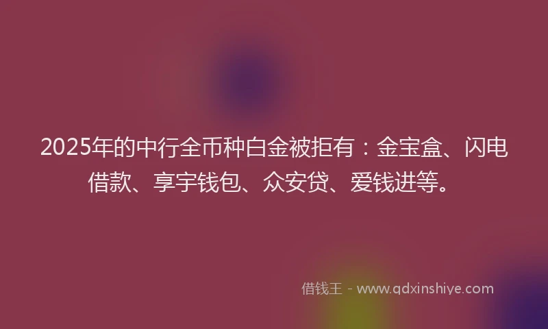 2025年的中行全币种白金被拒有：金宝盒、闪电借款、享宇钱包、众安贷、爱钱进等。