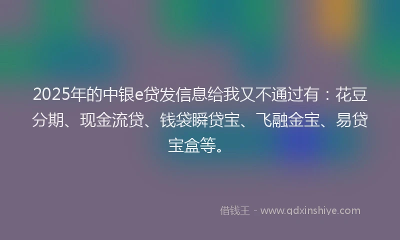 2025年的中银e贷发信息给我又不通过有：花豆分期、现金流贷、钱袋瞬贷宝、飞融金宝、易贷宝盒等。