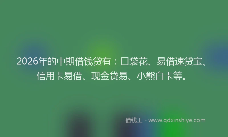 2026年的中期借钱贷有：口袋花、易借速贷宝、信用卡易借、现金贷易、小熊白卡等。