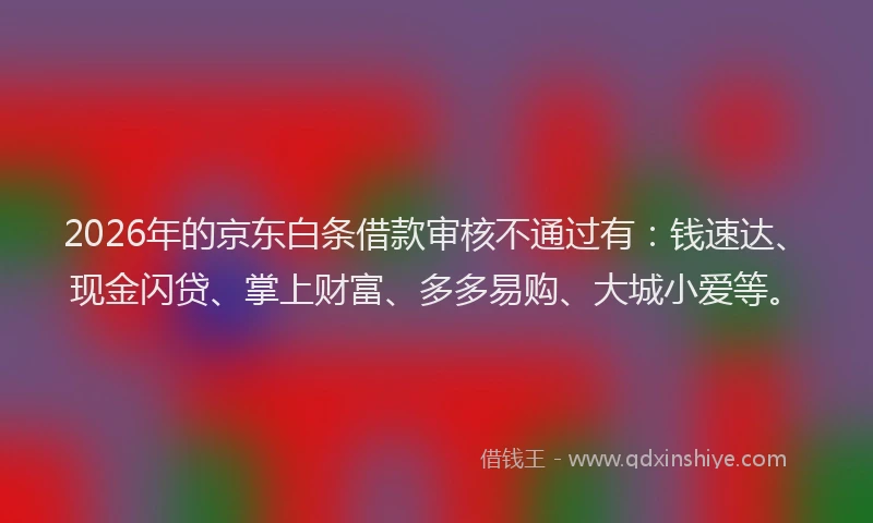 2026年的京东白条借款审核不通过有：钱速达、现金闪贷、掌上财富、多多易购、大城小爱等。