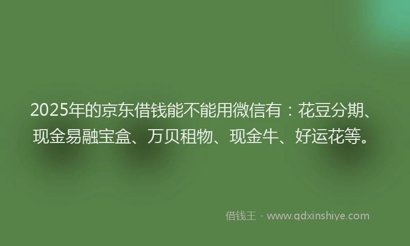 2025年的京东借钱能不能用微信有：花豆分期、现金易融宝盒、万贝租物、现金牛、好运花等。