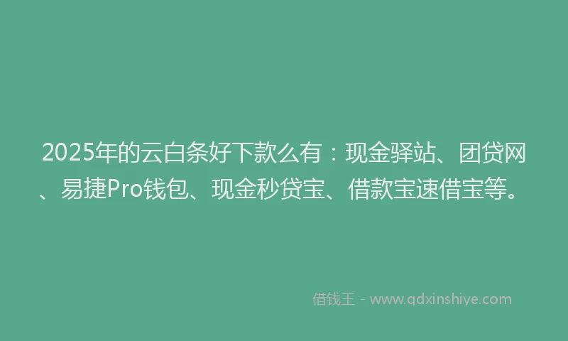2025年的云白条好下款么有:现金驿站、团贷网、易捷Pro钱包、现金秒贷宝、借款宝速借宝等。