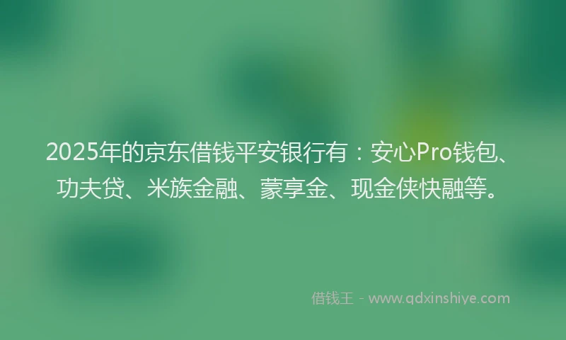 2025年的京东借钱平安银行有：安心Pro钱包、功夫贷、米族金融、蒙享金、现金侠快融等。