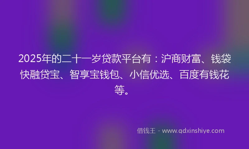 2025年的二十一岁贷款平台有：沪商财富、钱袋快融贷宝、智享宝钱包、小信优选、百度有钱花等。