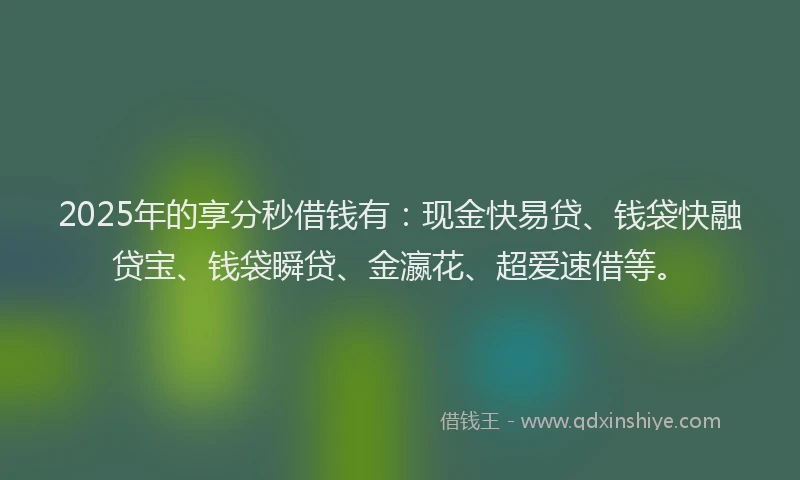 2025年的享分秒借钱有:现金快易贷、钱袋快融贷宝、钱袋瞬贷、金瀛花、超爱速借等。