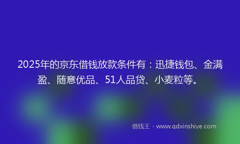 2025年的京东借钱放款条件有：迅捷钱包、金满盈、随意优品、51人品贷、小麦粒等。