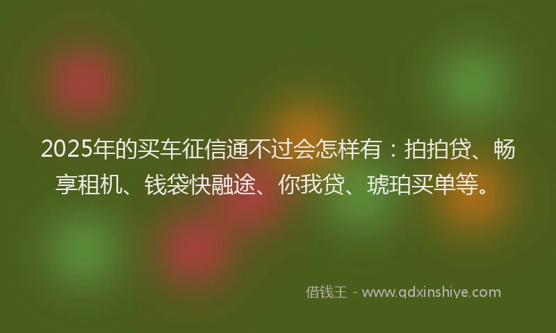 2025年的买车征信通不过会怎样有：拍拍贷、畅享租机、钱袋快融途、你我贷、琥珀买单等。