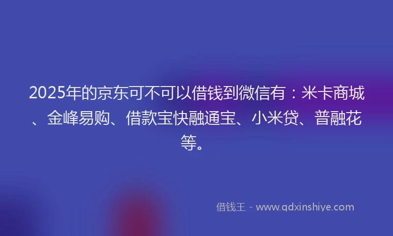 2025年的京东可不可以借钱到微信有：米卡商城、金峰易购、借款宝快融通宝、小米贷、普融花等。