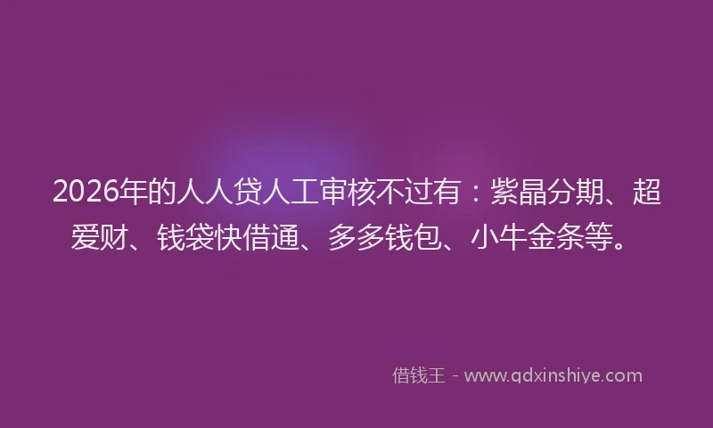 2026年的人人贷人工审核不过有：紫晶分期、超爱财、钱袋快借通、多多钱包、小牛金条等。