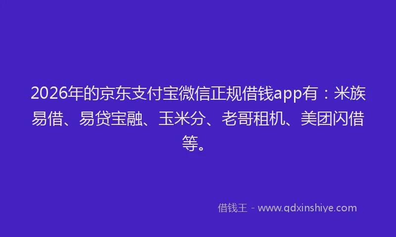 2026年的京东支付宝微信正规借钱app有：米族易借、易贷宝融、玉米分、老哥租机、美团闪借等。