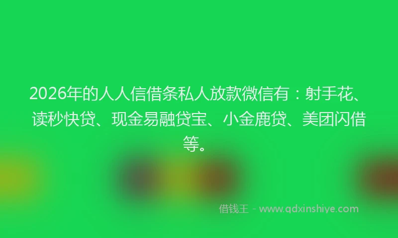 2026年的人人信借条私人放款微信有：射手花、读秒快贷、现金易融贷宝、小金鹿贷、美团闪借等。